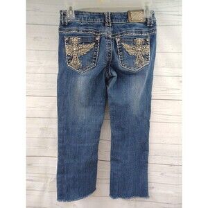 Miss Chic Girl Blue Jeans Sz 1 Junior Stretch Crop Capri Cross Rhinestone 28x21